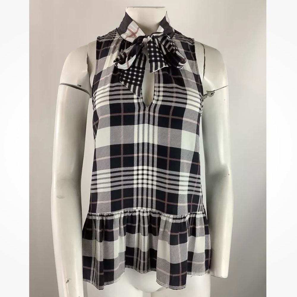Joie Sz XS 100% Silk Plaid Print Peplum Hem Blouse Black White Red Tie Front